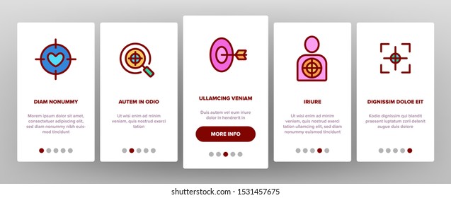 Target Aim Onboarding Mobile App Page Screen Vector Icons Set Thin Line. Different Game Military Shape Target, Dartboard With Arrow And Archery Concept Linear Pictograms. Color Contour Illustrations