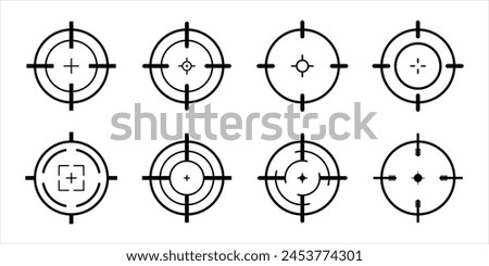 Target aim set. Crosshair target weapon sniper army sight for gun or rifle. Focus on aim set. Sniper target navigation for shooting, optic crosshair, weapon, military, shooting game and accuracy.