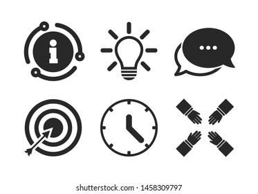 Target aim sign. Chat, info sign. Lamp idea and clock time icons. Darts board with arrow. Teamwork symbol. Classic style speech bubble icon. Vector