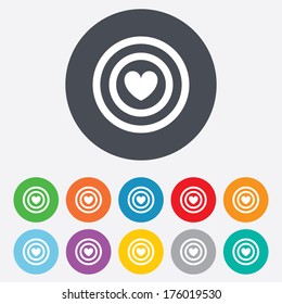 Target aim sign icon. Darts board symbol with heart in the center. Round colourful 11 buttons. Vector