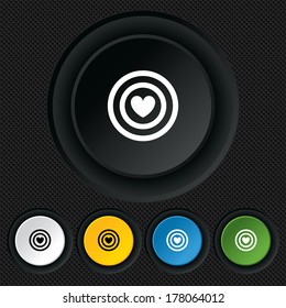 Target aim sign icon. Darts board symbol with heart in the center. Round colourful buttons on black texture. Vector