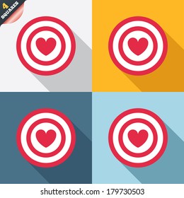 Target aim sign icon. Darts board symbol with heart in the center. Four squares. Colored Flat design buttons. Vector