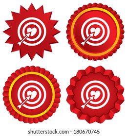Target aim sign icon. Darts board symbol with heart in the center. Red stars stickers. Certificate emblem labels. Vector