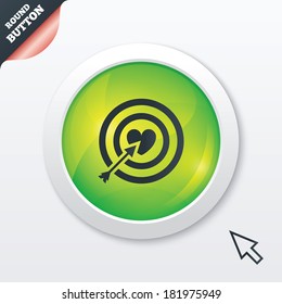 Target aim sign icon. Darts board symbol with heart in the center. Green shiny button. Modern UI website button with mouse cursor pointer. Vector