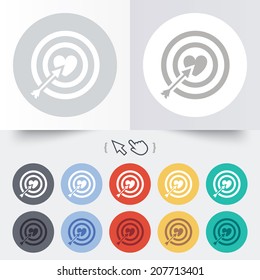 Target aim sign icon. Darts board symbol with heart in the center. Round 12 circle buttons. Shadow. Hand cursor pointer. Vector