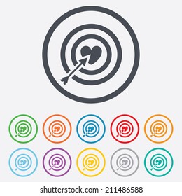 Target aim sign icon. Darts board symbol with heart in the center. Round circle buttons with frame. Vector