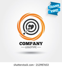Target aim sign icon. Darts board symbol with heart in the center. Business abstract circle logo. Logotype with Thank you ribbon. Vector