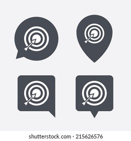 Target aim sign icon. Darts board with arrow symbol. Map pointers information buttons. Speech bubbles with icons. Vector
