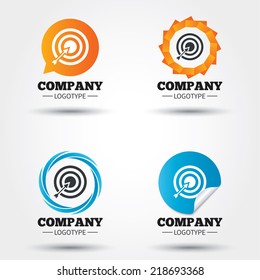 Target aim sign icon. Darts board with arrow symbol. Business abstract circle logos. Icon in speech bubble, wreath. Vector