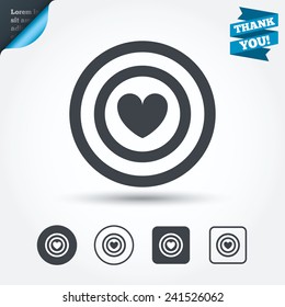 Target aim sign icon. Darts board symbol with heart in the center. Circle and square buttons. Flat design set. Thank you ribbon. Vector