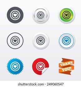 Target aim sign icon. Darts board symbol with heart in the center. Circle concept buttons. Metal edging. Star and label sticker. Vector