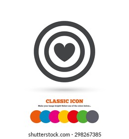 Target aim sign icon. Darts board symbol with heart in the center. Classic flat icon. Colored circles. Vector