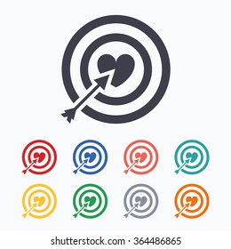 Target aim sign icon. Darts board symbol with heart in the center. Colored flat icons on white background.