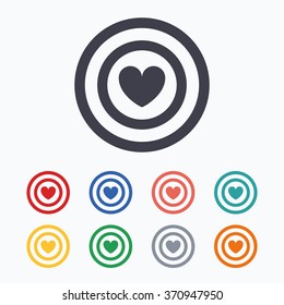 Target aim sign icon. Darts board symbol with heart in the center. Colored flat icons on white background.