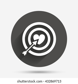 Target aim sign icon. Darts board symbol with heart in the center. Circle flat button with shadow. Vector