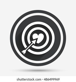 Target aim sign icon. Darts board symbol with heart in the center. Circle flat button with shadow and border. Vector