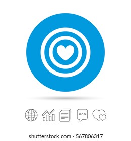 Target aim sign icon. Darts board symbol with heart in the center. Copy files, chat speech bubble and chart web icons. Vector