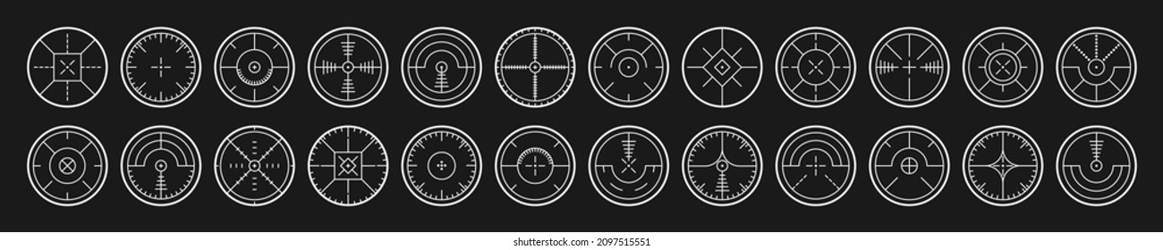 Target and aim, targeting and aiming. Sniper aim pointer. Focus sniper, sight military for shoot. Mark cursor, different focus military sight. Vector illustration in flat design, EPS 10.