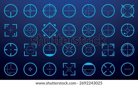 Target aim UI. Shooting focus crosshair, HUD sniper weapon accuracy sight, circle round square gun range optical mark. Vector military game interface target aims collection