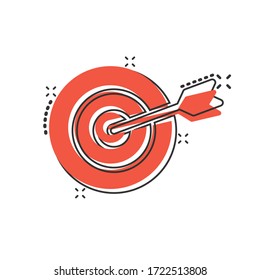 Target aim vector icon in comic style. Darts game cartoon illustration on white isolated background. Dartboard sport target splash effect concept.