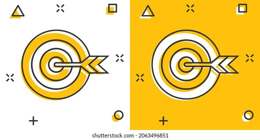 Target aim vector icon in comic style. Darts game cartoon illustration on white isolated background. Dartboard sport target splash effect concept.