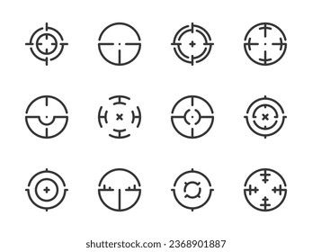 Iconos de línea vectorial de destino y de destino. Juego de iconos Precisión, Objetivo y Esbozo de objetivo.