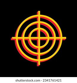 Zielrichtungszeichen. 3D-extrudiertes gelbes Symbol mit roten Seiten auf schwarzem Hintergrund. Illustration.