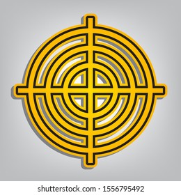 Target aiming sign. Flat orange icon with overlapping linear black icon with gray shadow at whitish background. Illustration.
