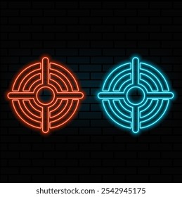 Target aiming sign. orange neon icon in the dark. Blurred lightening. Illustration. blue color.