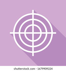 Signo de orientación de destino. Icono blanco con una larga sombra en fondo morado.  Ilustración.