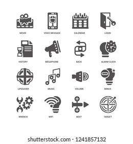 Target, Alarm clock, Back, Wrench, Minus, Movie, History, Lifesaver, Next, Wifi, Calendar icon 16 set EPS 10 vector format. Icons optimized for both large and small resolutions.