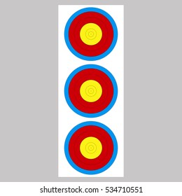 Target for archery and crossbow with colored bands and outline. 5 rings. For a distance of 18 in the hall, sports club and 30 meters in the stadium, glade. Vector illustration background. 