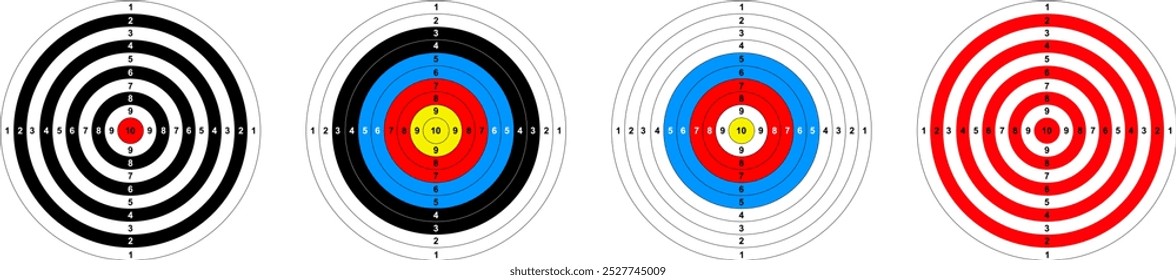 Objetivo del diseño plano de tiro con arco, objetivo del negocio y logro de la meta, conjunto de iconos de objetivo facial. Símbolos para objetivos de negocio. Fije el objetivo redondo para la competencia de tiro. Ilustración vectorial.
