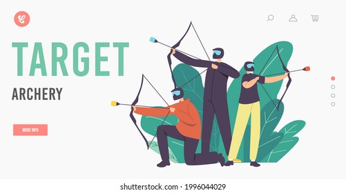 Plantilla de la página de aterrizaje de arcos de destino. Personajes de la familia Archer usando cascos disparando con cejas y flechas. Desafío deportivo, entrenamiento o actividad de competencia. Ilustración de vectores de personas de caricatura