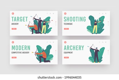 Target Archery Landing Page Template Set. Archer Family Characters Wearing Helmets Shooting with Bow and Arrows. Sports Challenge, Training or Competition Activity. Cartoon People Vector Illustration