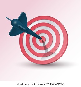 Target with arrow 3d icon, background. Dart with red concentric circles and dark arrow in center. Marketing and business success concept. Hitting the target symbol. Realistic vector illustration