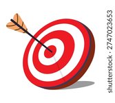 Target with arrow 3d isometric for objective and focus concept, goal achievement, successful business strategy, hitting aim, bullseye symbol and accuracy