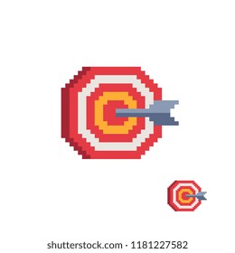 Target and arrow. Advertise icon. Pixel art style. Goal setting. Achievement and success. 8-bit sprite. Isolated abstract vector illustration. Design for app, logo and sticker.