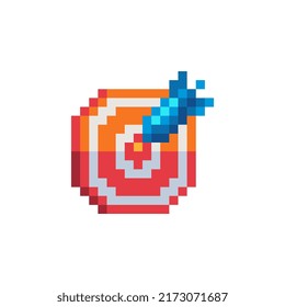 Target and arrow. Advertise icon. Pixel art style. Goal setting. Achievement and success. 8-bit sprite. Isolated abstract vector illustration. Design for app, logo and sticker.