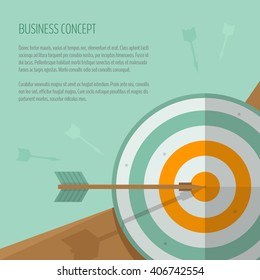 Target and arrow. Archery, darts game. Targeting. The exact shot on target. Business concept, goal achievement, success, winning. Flat style, vector illustration.