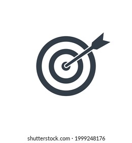 Target with arrow black icon. Goal line symbol. Successful shoot. Business aim pictogram. Darts element. Vector illustration isolated on white