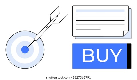 Target with arrow in bullseye, stack of documents, large blue Buy button. Ideal for marketing strategies, sales tactics, customer acquisition, business goals, advertising, e-commerce, market