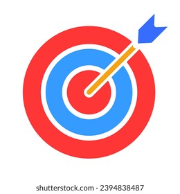 Target with arrow in its center. Aim, sight, audience, smm, marketing, targetologist, market, sale of information services, recruit client base, launch a course. Colorful icon on white background