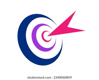 Target and arrow in the center. Aiming and accuracy symbol or icon. Precision concept. Business logo darts. Right on point. Angled target and stylized arrow. Hit in the middle. Vector illustration. 