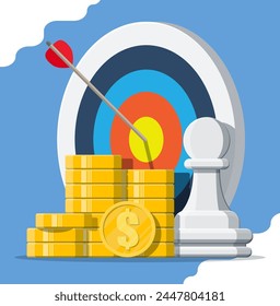 Target with arrow, chess pawn piece and pile of gold coins. Goal setting. Smart goal. Business target concept. Achievement and success. Vector illustration in flat style