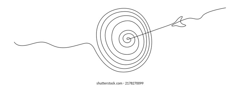 Target with arrow continuous line drawing. Hand drawn linear goal circle. Vector illustration isolated on white.