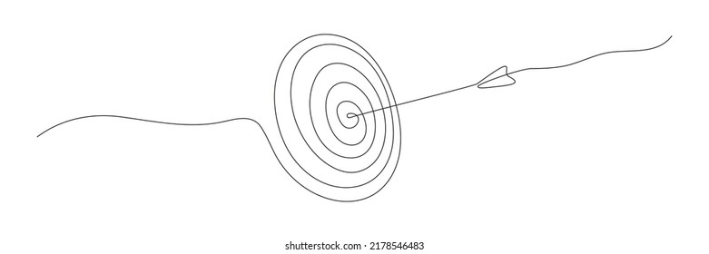 Target with arrow continuous line drawing. Hand drawn linear goal circle. Vector illustration isolated on white.