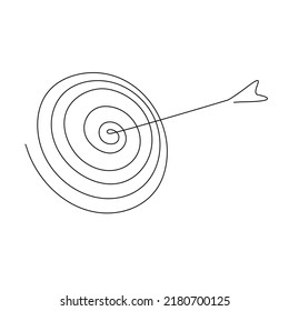 Target with arrow continuous line drawing. Hand drawn linear goal circle. Vector illustration isolated on white.