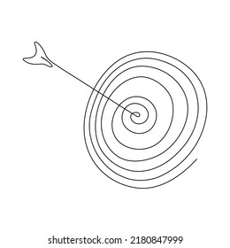 Target with arrow continuous line drawing. Hand drawn linear goal circle. Vector illustration isolated on white.