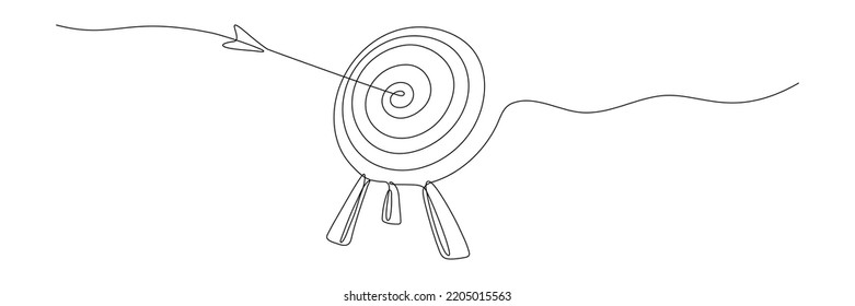Target with arrow continuous line drawing. Hand drawn linear goal circle. Business strategy concept. Vector illustration isolated on white.